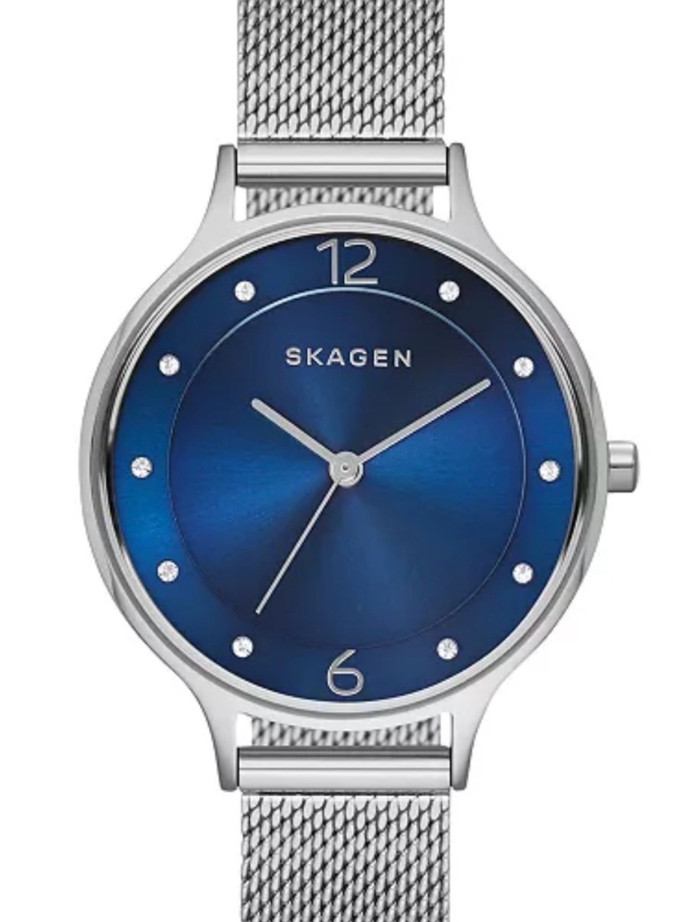 Skagen women’s Silver Mesh Watch with Blue Sunray Dialed Watch